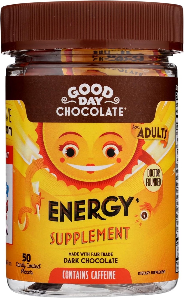 Good Day Chocolate Energy Supplements for Yetişkinler [50 Count] Fair Trade Caffeine Chocolate with B-Vitamins, Green Tea Extracts and 20 mg Caffeine Per Piece - Energy Alert for Women and Men