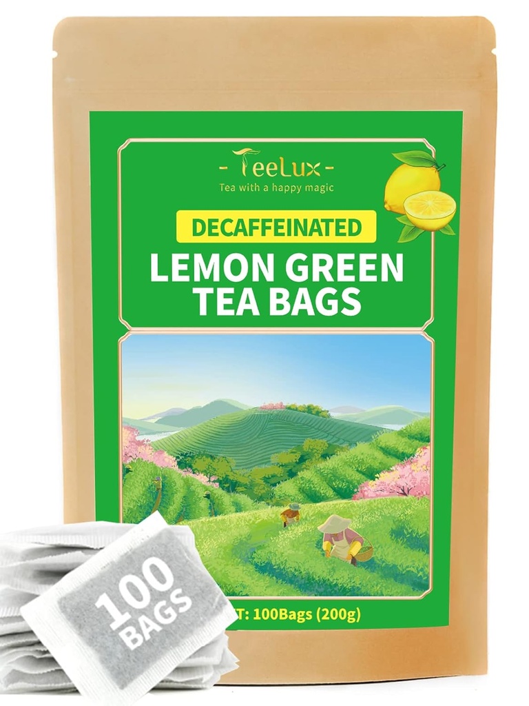 TeeLux Decaf Lemon Green Tea, Parlak Decaffeinated Green Tea with Cooling Lemon Aroma & Flavor, 100 Count