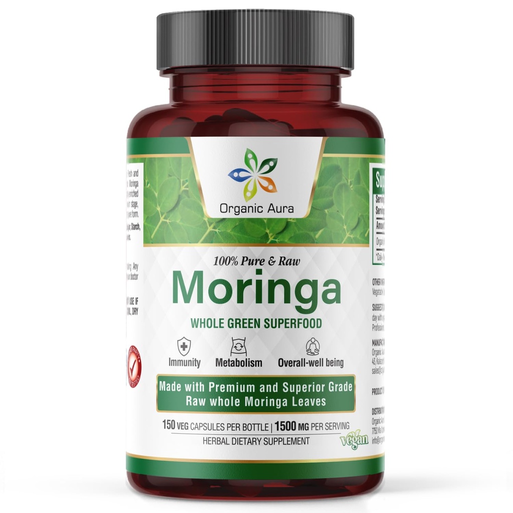 Organik Aura Moringa Leaf Capsules | 1500 mg - 150 HPMC Veg | Tüm Leaves Yeşil Süper Gıda Beslenme | Doğal Boosts Metabolism, Enerji, Sağlık ve Stamina | 100% Saf Güvenli Moringa | Non GMO.