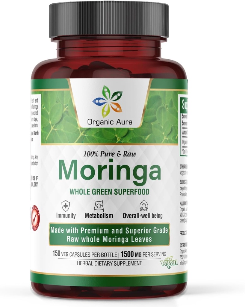 Organik Aura Moringa Leaf Capsules | 1500 mg - 150 HPMC Veg | Tüm Leaves Yeşil Süper Gıda Beslenme | Doğal Boosts Metabolism, Enerji, Sağlık ve Stamina | 100% Saf Güvenli Moringa | Non GMO.