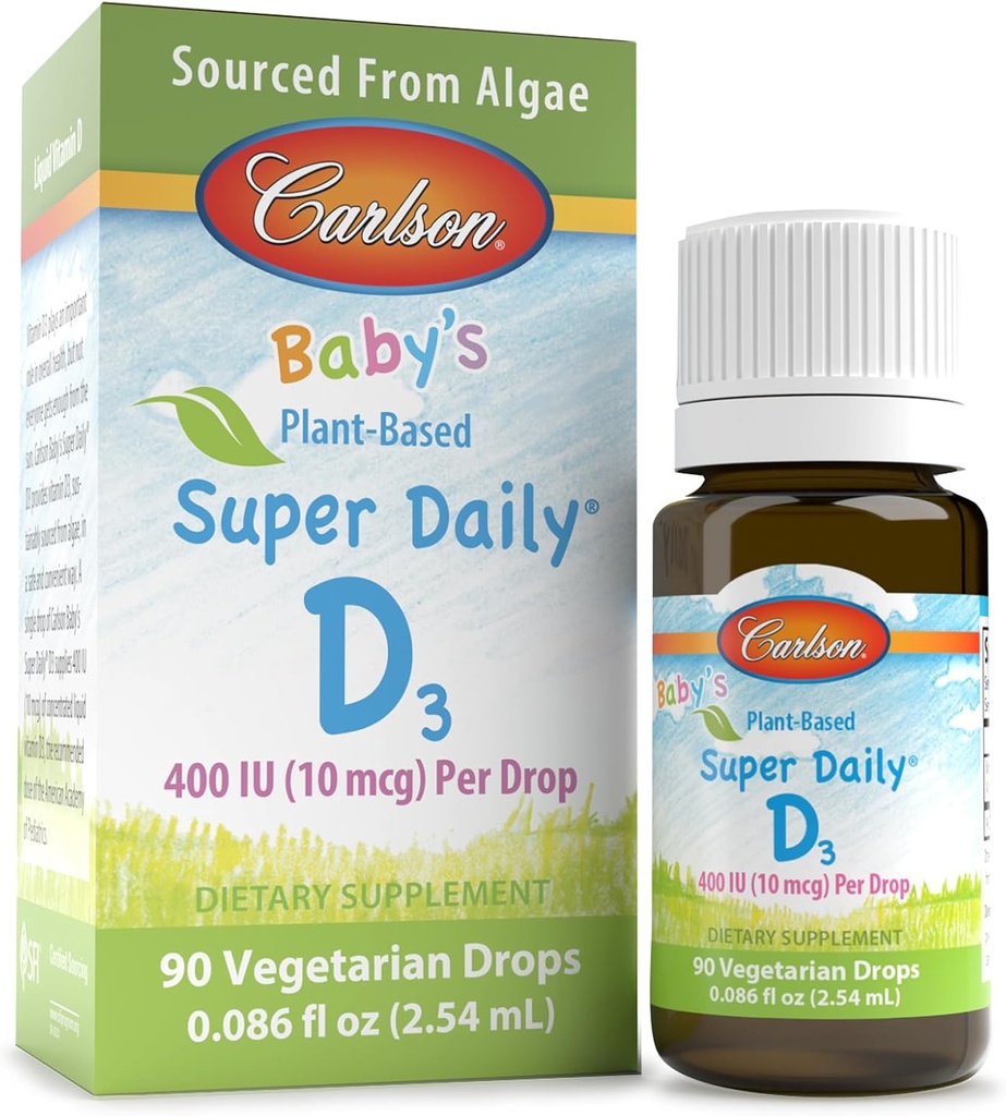 Carlson - Baby's Plant Based Super Daily D3, Baby Vegetarian Liquid Vitamin D D D D D D Drops, 400 IU (10 mcg) per Drop, πηγάζει από την άλγη, για Βρέφη και Τόντλερς, Άγευστη, 90 Drops (2,54 mL)