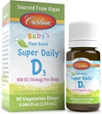 Carlson - Baby's Plant-Based Super Daily D3, Baby Vegetarian Sıvı Vitamin D Drops, 400 IU (10 mcg) in Drop, Sourced from Algae, for Infants and Toddler, Unflavored, 90 Drops (2.54 mL)