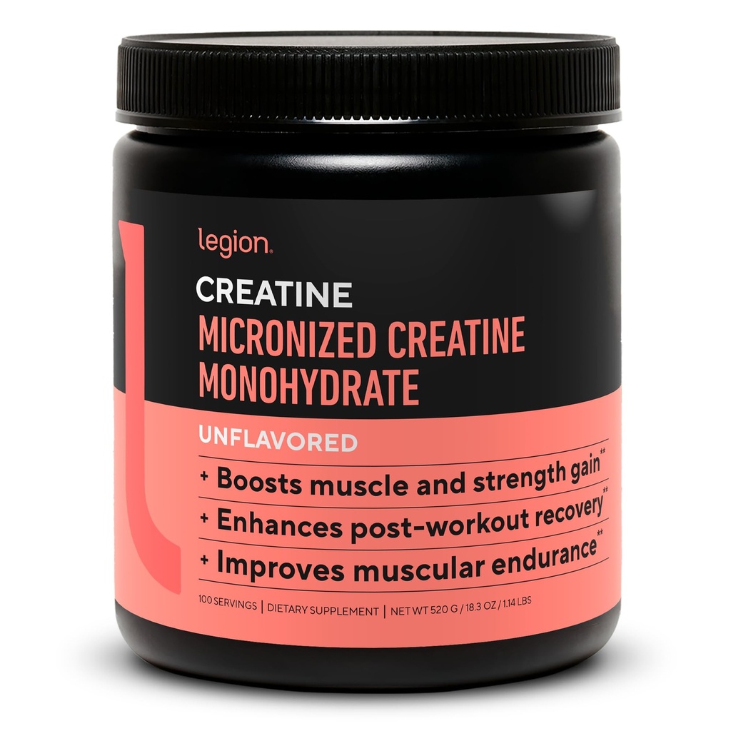 LEGION Micronized Creatine Monohydrate Supplement - Clean Creatine Powder for Muscle Gain & Post Workout Recovery - Micronized Creatine Supplement for Maximum Abvorvice (100 Servings, Unflaved)