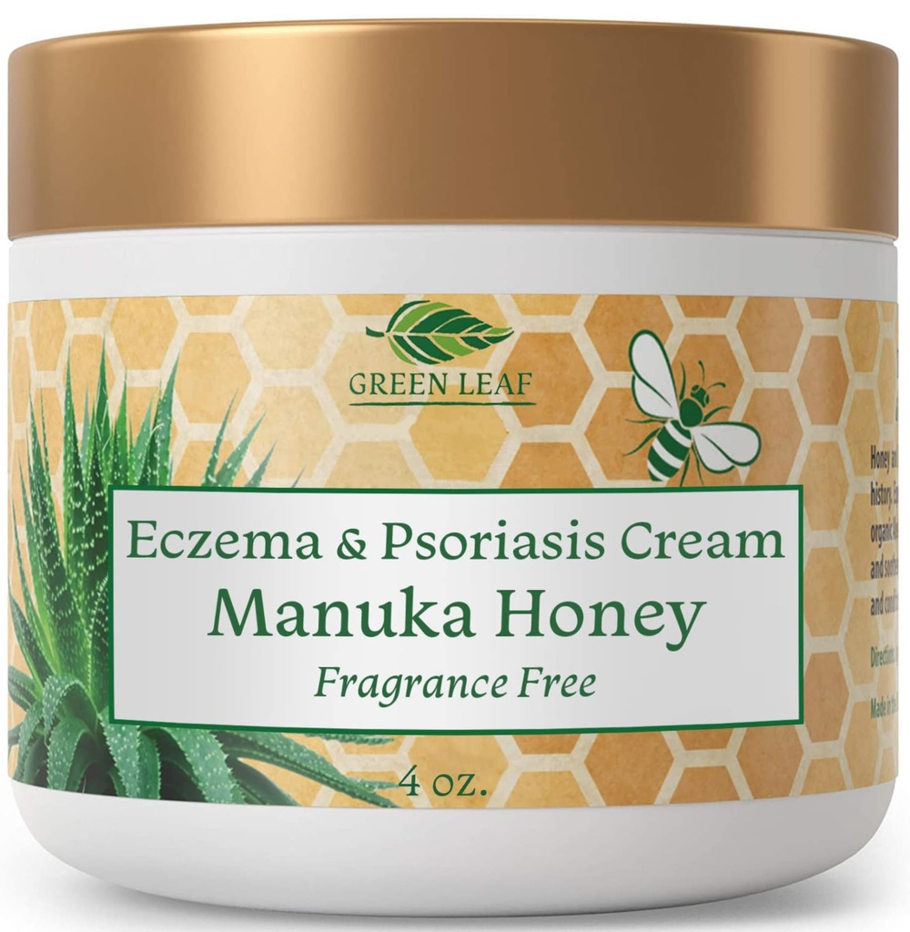 Green Leaf Naturals Manuka Honey Eczema Cream Moisturing Lotion Fragrance Free for Psoriasis Relief - Itchy, Kuru Skin Ointment - Skin Soothing Moisturizer - Body & Face Cream - Kids & Yetişkinler 4oz