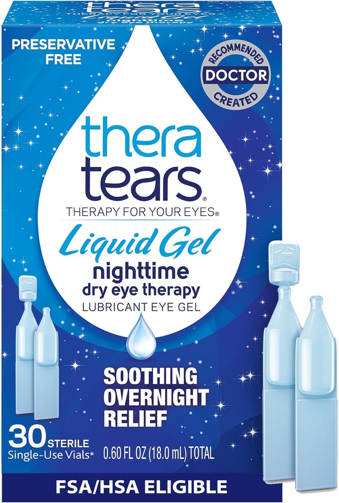 TheraTears Liquid Gel Nighttime Laneing Eye Drops for Kuru Eyes, Single-Use Vials, 30 Count