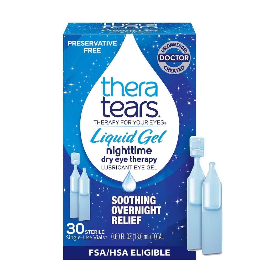 TheraTears Liquid Gel Nighttime Laneing Eye Drops for Kuru Eyes, Single-Use Vials, 30 Count