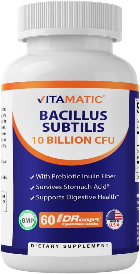 Vitamatic Bacillus DR Capsule başına 10 Milyar - 60 Kont - Digestive, Gut & Immune Health Support - Made with Prebiyotik Inulin Fiber