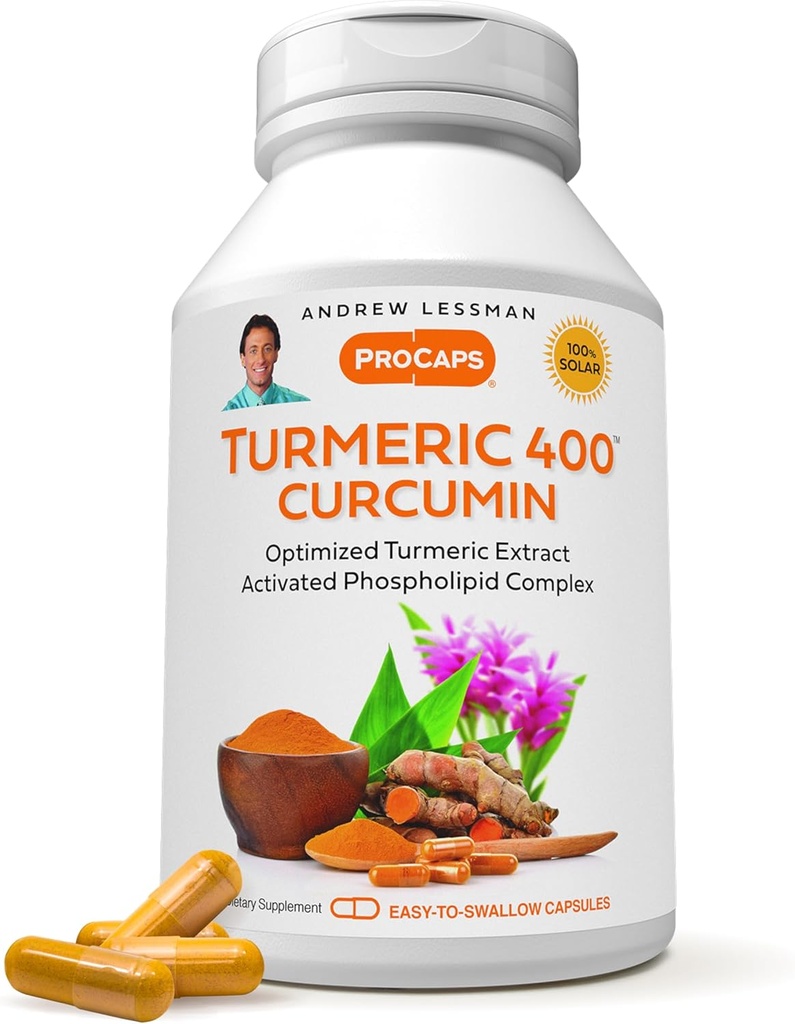 ANDREW LESSMAN Turmeric 400 mg - 60 Capsules -% 95 Curcuminoids Mükemmel Faydaları ve Aborpsiyonlar için Mükemmel Potency Kompleks, Yüksek Potency Standardized Extract, Small to Swallow Capsules - 95 Curcuminoids