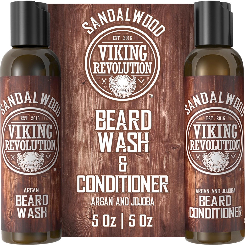 Viking Revolution Beard Wash & Beard Conditioner Set w/Argan & Jojoba Oils - Softens & Strengthens - Φυσικό Shampoo Beard Oil Sandalwood (5oz)
