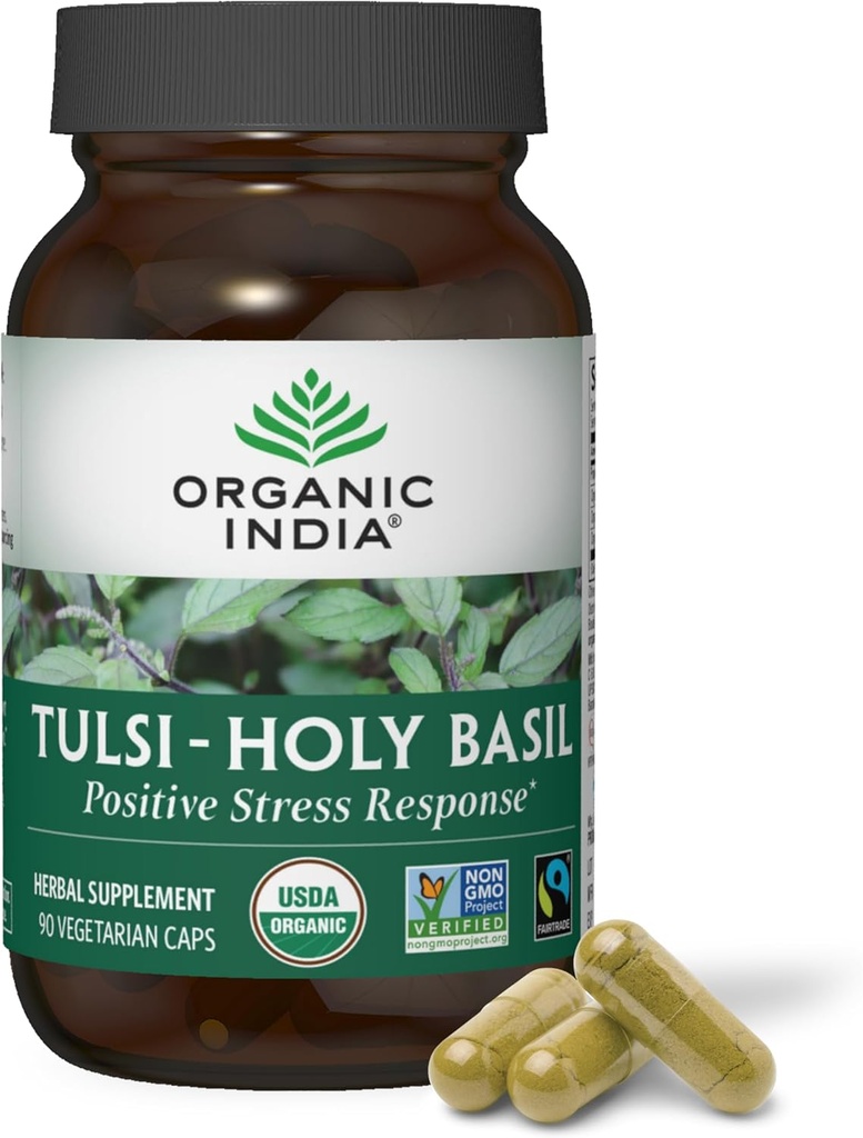 ORGANIC INDIA Tulsi Holy Basil Κάψουλες - εκχύλισμα Αγίου Βασιλείου - συμπλήρωμα φύλλων Αγίου Βασιλείου, συμπλήρωμα βοτάνων, υποστήριξη ανοσοποιητικού, ανακούφιση από το στρες, Vegan, χωρίς γλουτένη, Kosher, οργανικά, μη ΓΤΟ - 90 κάψουλες