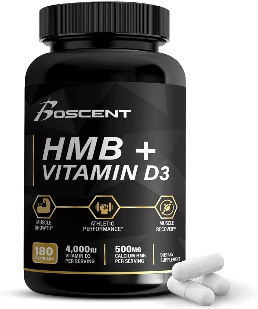 HMB and Vitamin D3 Supplement 1,000 MG (180 Capsules) - HMB supplements with 4,000 UI of D3 & Calcium - Muscle Growth, Strength & cure - B-Hydroxy B-Methylbutyrate Butyrate - Muscle Builder for Men