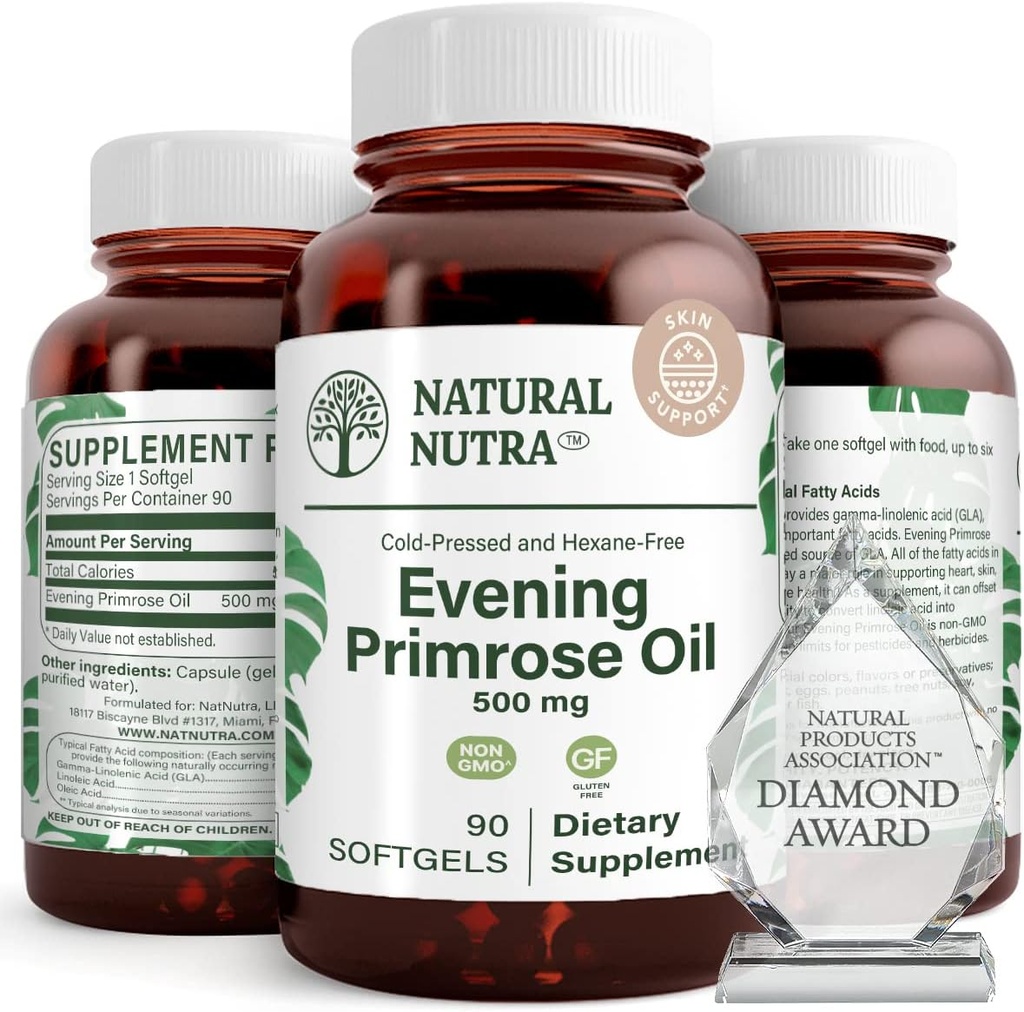 Natural Nutra Evening Primrose Oil Supplement from Faty Acid, Nerve Health, Helps Reduce Skin Blemishes, Balance Body Secretions, Promote Heart Health, Skin Clarity, 500 mg, 90 Softgels