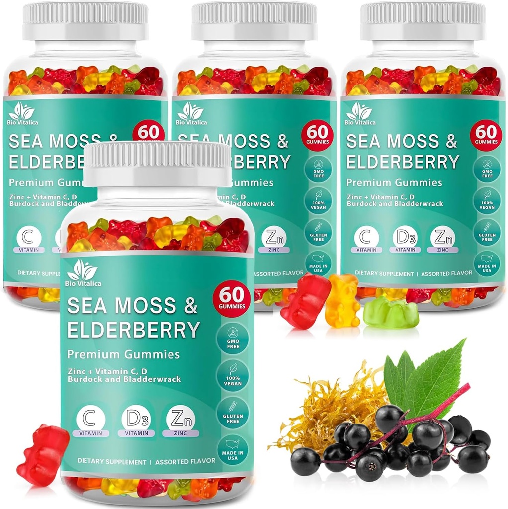 BIO VITALICA Sea Moss Gummies Elderberry BioVitalica - Βιταμίνη C D + Ψευδάργυρος - Irish Seamoss Vegan Gummy with Sea Moss Gel & Powder for Immunity, Detox - for Adults and Kids (4Packs)