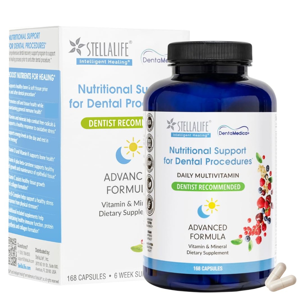StellaLife DentaMedica Vegan Daily Multivitamin Nutritional Support for Faster Dental Surgery Recovery, VIT D3 K2 C B çinko CoQ10 Magnezyum, Sağlıklı Bones & Gums, Non-GMO, GMP USA, 168 Capsules