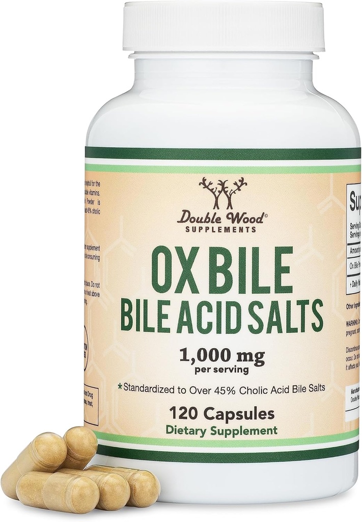 Ox Bile Supplement for No Gallbladder (1.000 mg Per Service, 500 mg per Capsule, 120 Capsules) Standartlaştırılmış% 45 Cholic Asit Bile Salts, Double Wood
