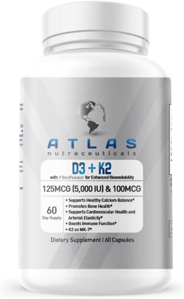Atlas Nutraceuticals-Vitamin D3+K2- Vitamin D3 5000IU Plus K2, 1 Formula, MK7 Vitamin K2, 60 Capsules, Immune Vitamin Kompleksi
