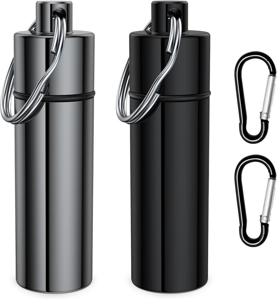 Μικρό κουτί χαπιών, (2 συσκευασία + 2 * Clips Carabiner) Keychain Hall Holder Φορητό Mini Travel Pill Trainer Metal Case Μπουκάλι με Keyring
