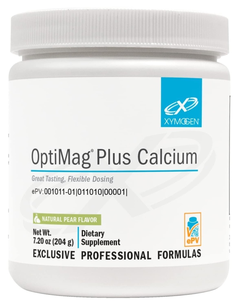 XYMOGEN OptiMag Plus Ασβέστιο - Μαγνήσιο σε σκόνη με μεγάλη γεύση με ασβέστιο για την υποστήριξη της ήρεμης συμπεριφοράς, υγιής διάθεση, υγιή οστά + μυϊκή λειτουργία - άρωμα αχλάδι, με Μαγνήσιο Malate (7.2 oz)