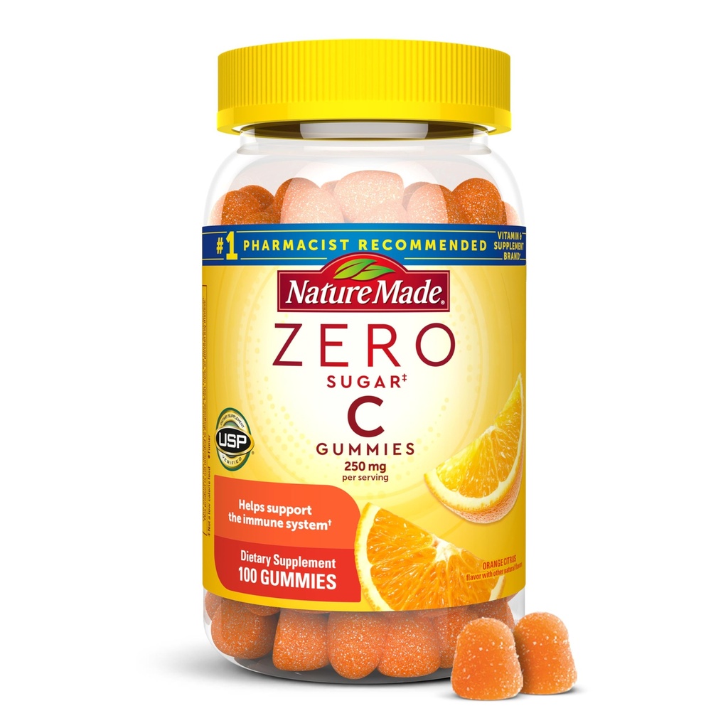 Nature Made Zero Sugar Vitamin C Gummies 250 mg per Service, Immune & Antioksi Support, Aspartame Free, 100 Sugar Free Gummies, 50 Day Supply