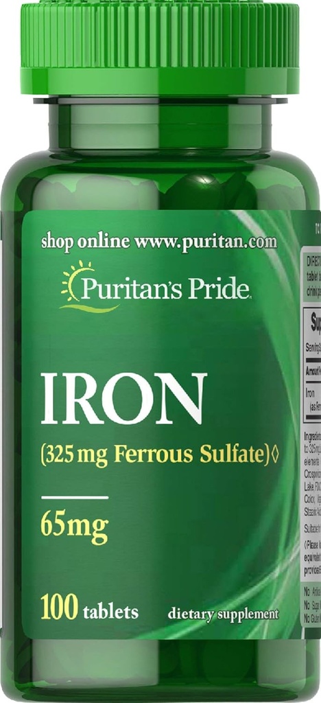 Puritans Pride Iron Ferrous Sulfate 65 Mg Tablets, 100 Count