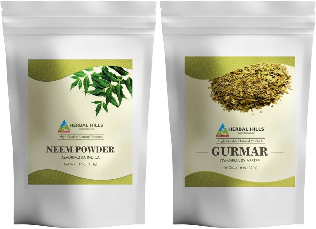 HERBAL HILLS Neem Leaf Toz ve Gurmar Toz Gymnema Sylvestre 2 Combo