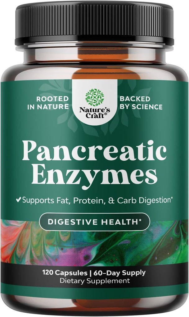 Natures Craft Pancreatin Digestive Enzymes for Digestive Health - Pancreatic Enzymes for Humans with Fat Carb and protein Women and Men - Protease Amylase & Lipase Digestion -120ct