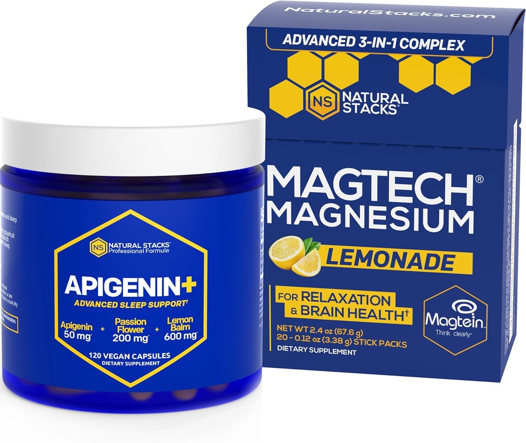 NATURAL STACKS Magtech Drink Mix + APIGENIN+ Supplement Sche - Supports Relaxation, Brain Health & Sleep* - 80 Servisler