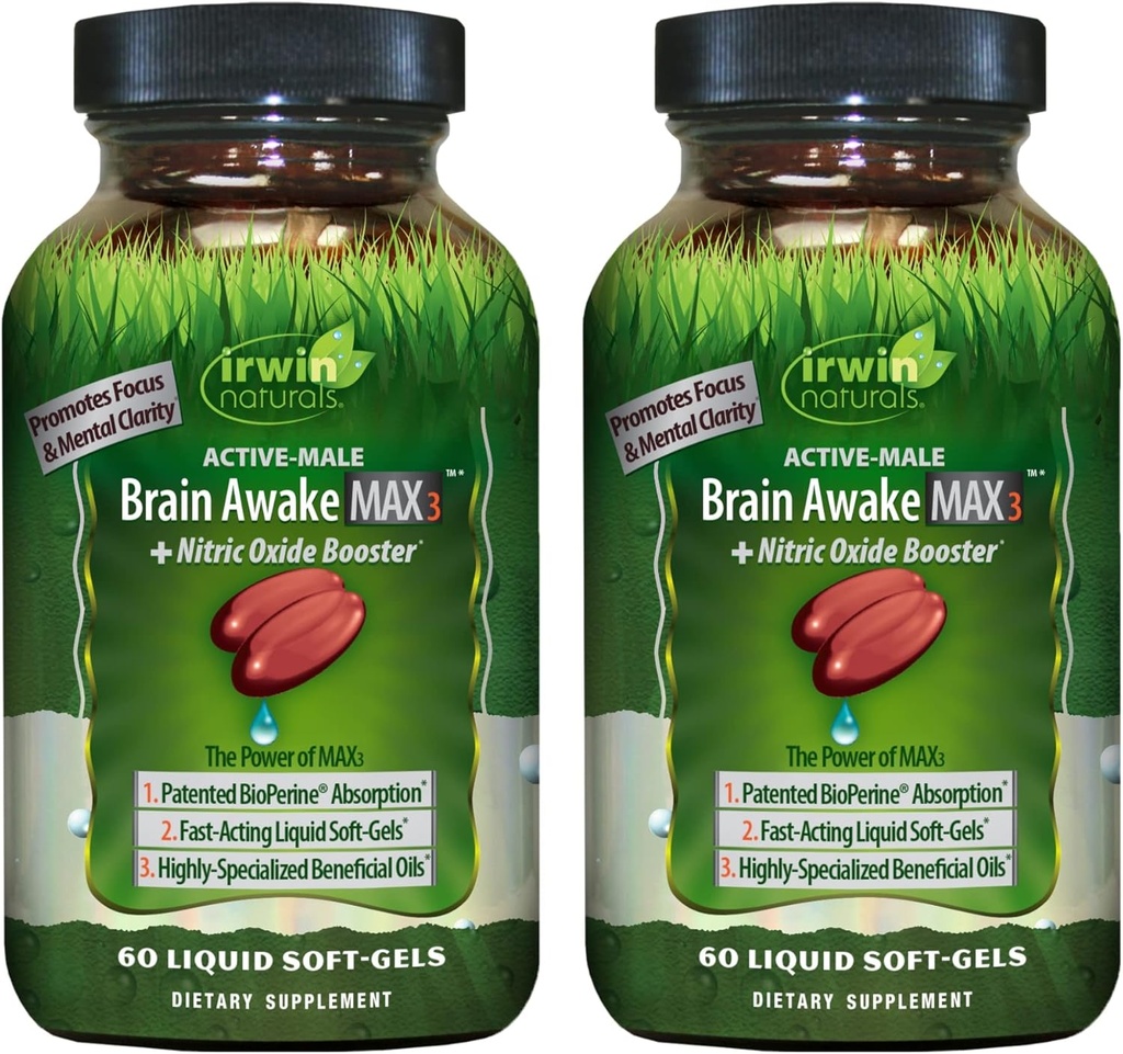 Irwin Naturals Brain Awake Maxwake3 + Nitric Hoffman - 60 Sıvı Soft-Gels, 2 Paket - Beyin Sağlığı ve Performansı Destek - 40 Toplam Hizmetler