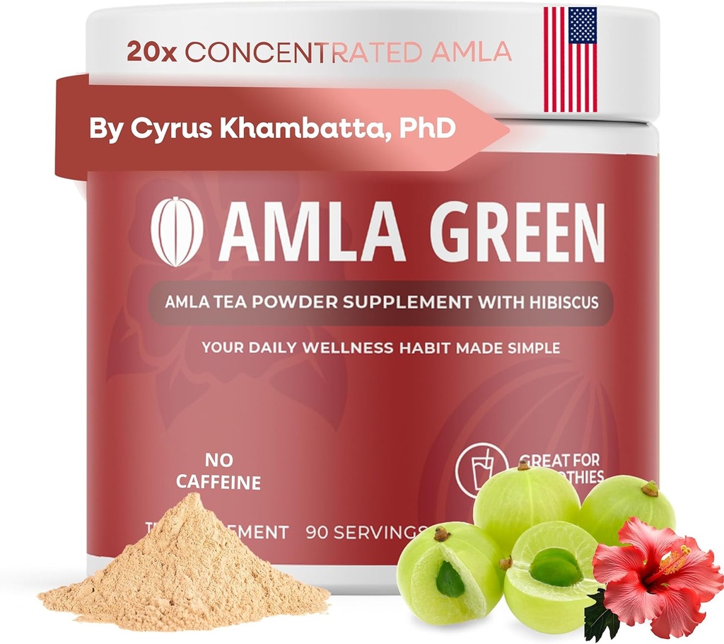 Amla Powder & Green Tea Superfood Supplement with Hibiscus, 20x Ultra συμπυκνωμένο Amla, Αντιοξειδωτική Υποστήριξη, Made with Oolong Tea and Indian Gooseberries, Organic, Vegan, Hibiscus, 90 Services