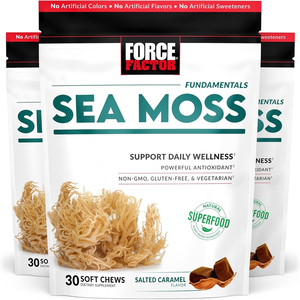 FORCE FACTOR Sea Moss Soft Chews, Support Immunity, Digestion, and Heart Health, Irish Sea Moss Superfood & Antioksis Supplement, Non-GMO, Gluten-Free, Salted Caramel Flavor, 90 Soft Chews, 3Pack