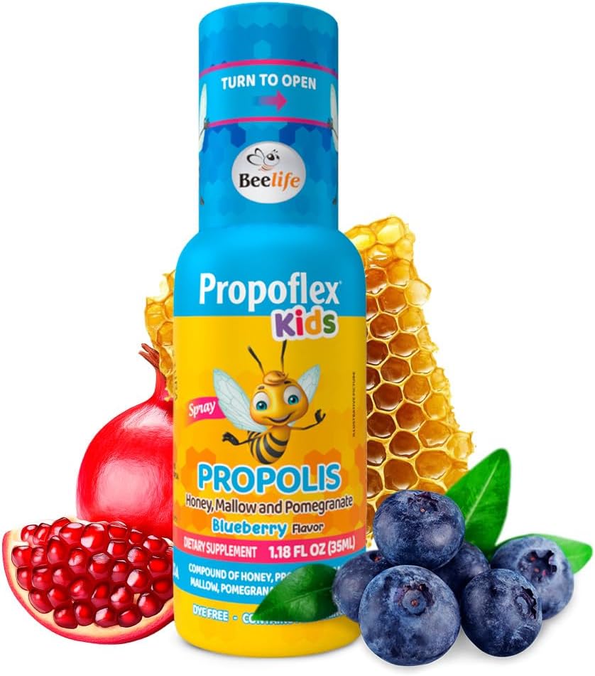 Beelife Bee Propolis Extract, Propolis Throat Spray for Kids – Propolis, Honey, Mallow, Pomegranate - Natural Immune Support & Sore Throat Relief, No Sugar - Blueberry Flavor - (35 ml/ 1Pack)
