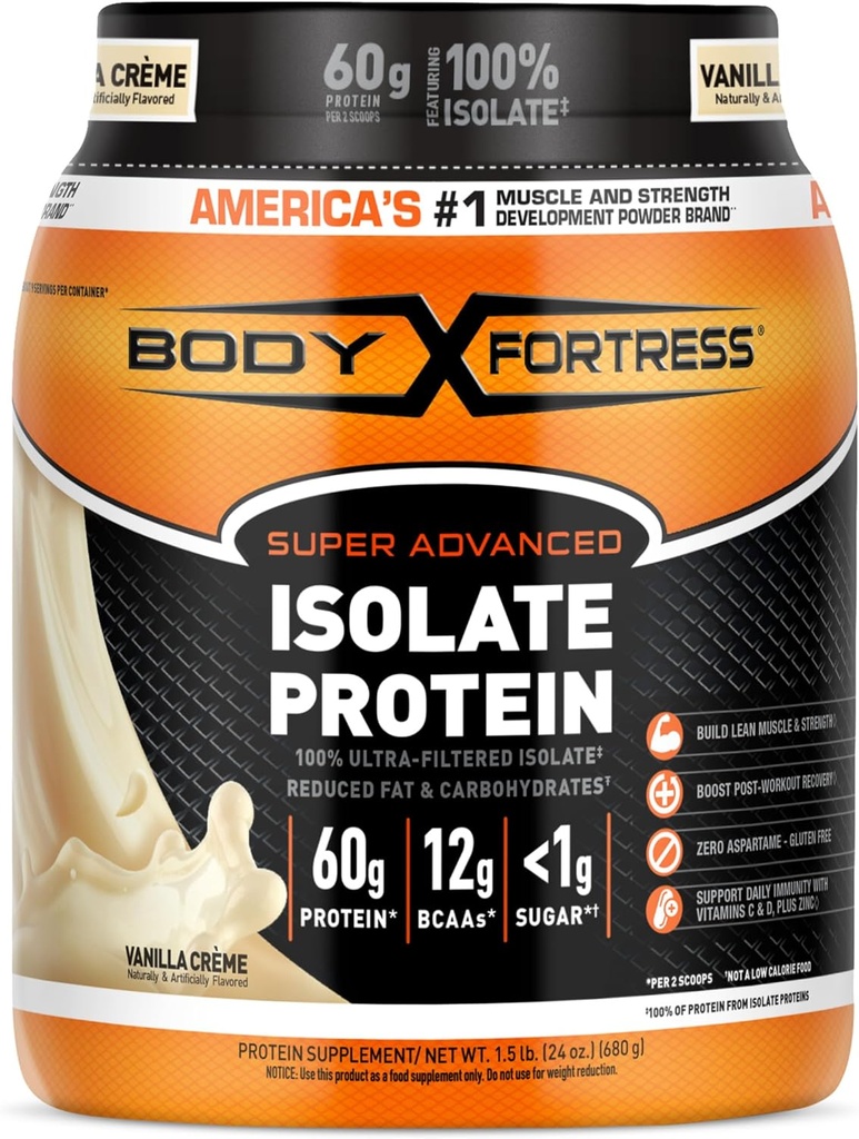 Φρούριο σώματος 100% Ultra-Filtered Isolate Protein Powder, Vanilla, 60g Protein & 12g BCAAs ανά 2 Scoops, Myster Gain & Recovery, Immune Support with Vitamins C & D, 1.5lbs,Packaging May Vary