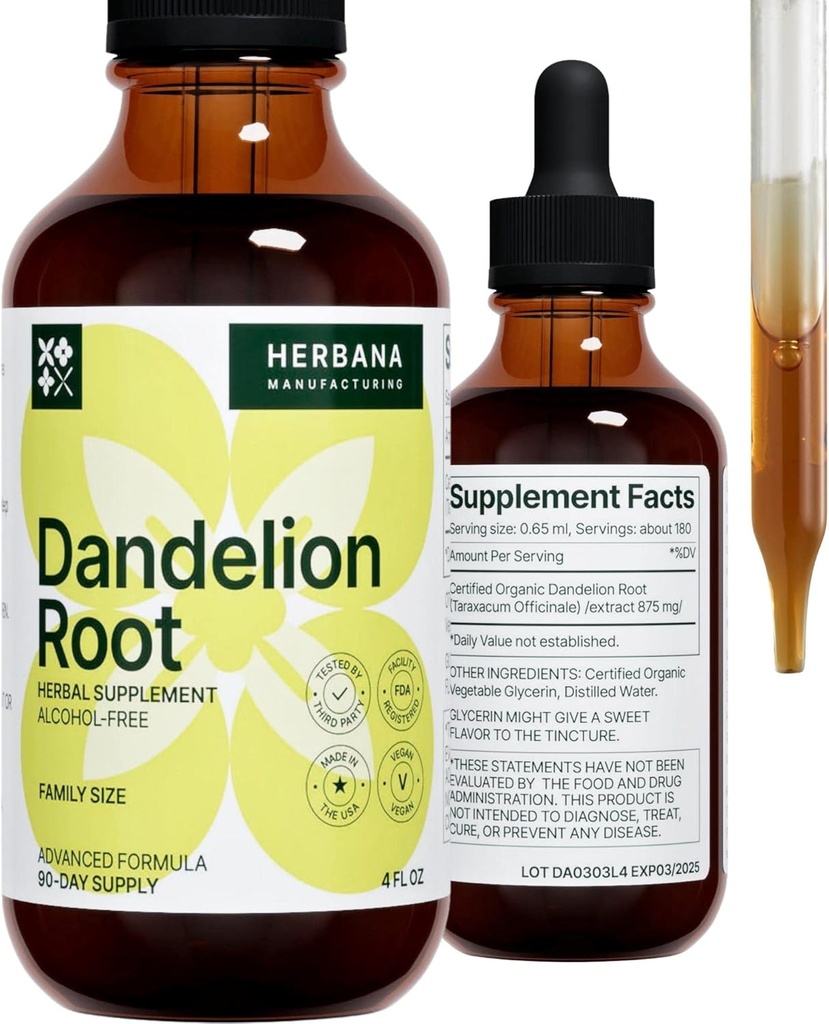 Dandelion Root 4 fl oz Liquid Extract - Natural Herbal Supplement for Cleansing, Digestive Function & Immunity - Organik Taraxacum officinale - Family Dimension - High Potency Drops - 90-Day Supply