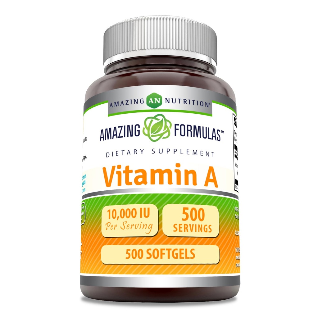 Amazing Formulas Vitamin A 10000 IU Supplement | Retinyl Palmitate | 3000 Mcg | Softgels | Non-GMO | Gluten Free | Made in USA (1 Pack, 500 Count)