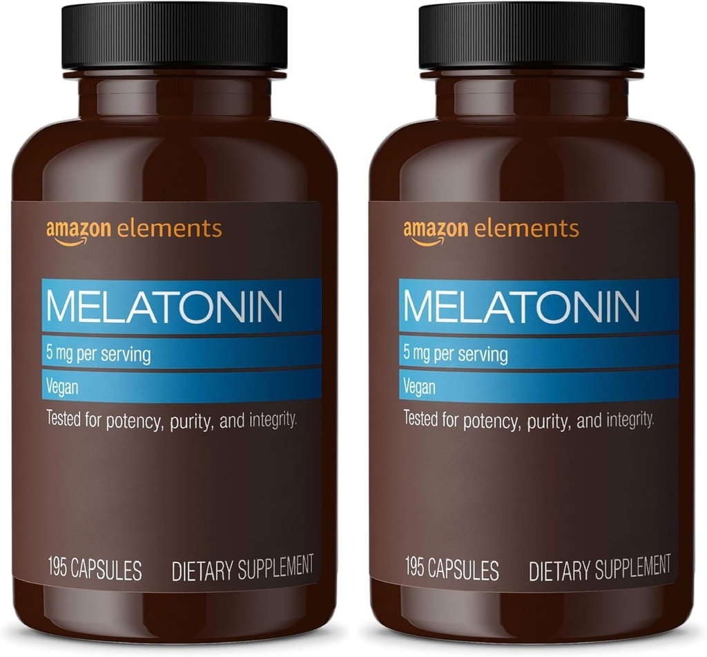 Elements - Melatonin 5 mg Capsules, Occasional uykusuzlukla yardımcı olur, Vegan, Unflavored, 195 Count (Pack of 2), 6 Ay Supply (Package May Vary)