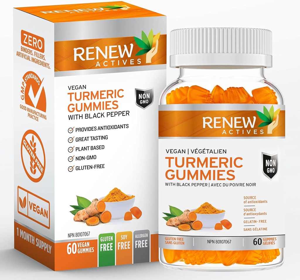 RENEW ACTIVES Vegan Turmeric 130MG in 2 Gummies with Black Pepper for improve Abors – Antioksi Support & Immune Health – Great Tasting, Easy-to-Swallow Supplement, Made in Canada– 60 Gummies