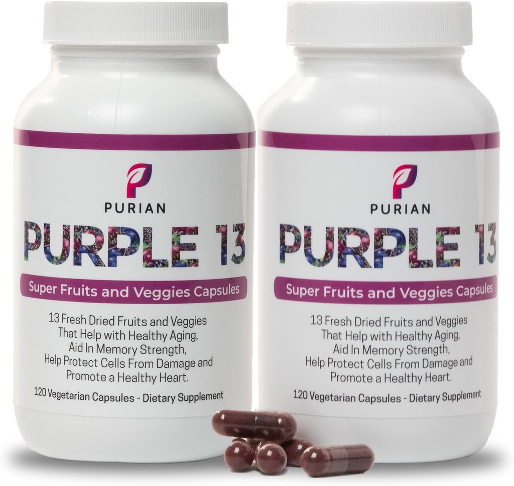 PURIAN Purple SuperFood Fruit and Veggie Supplement Φρέσκα Αποξηραμένα Μωβ Συμπληρώματα Φρούτων και Λαχανικών Προάγει την Αντιγηραντική, την Υγεία της Καρδιάς, Βοηθά τη Δύναμη της Μνήμης, 240 Καψάκια Χορτοφαγικής, 2 Πακέτο