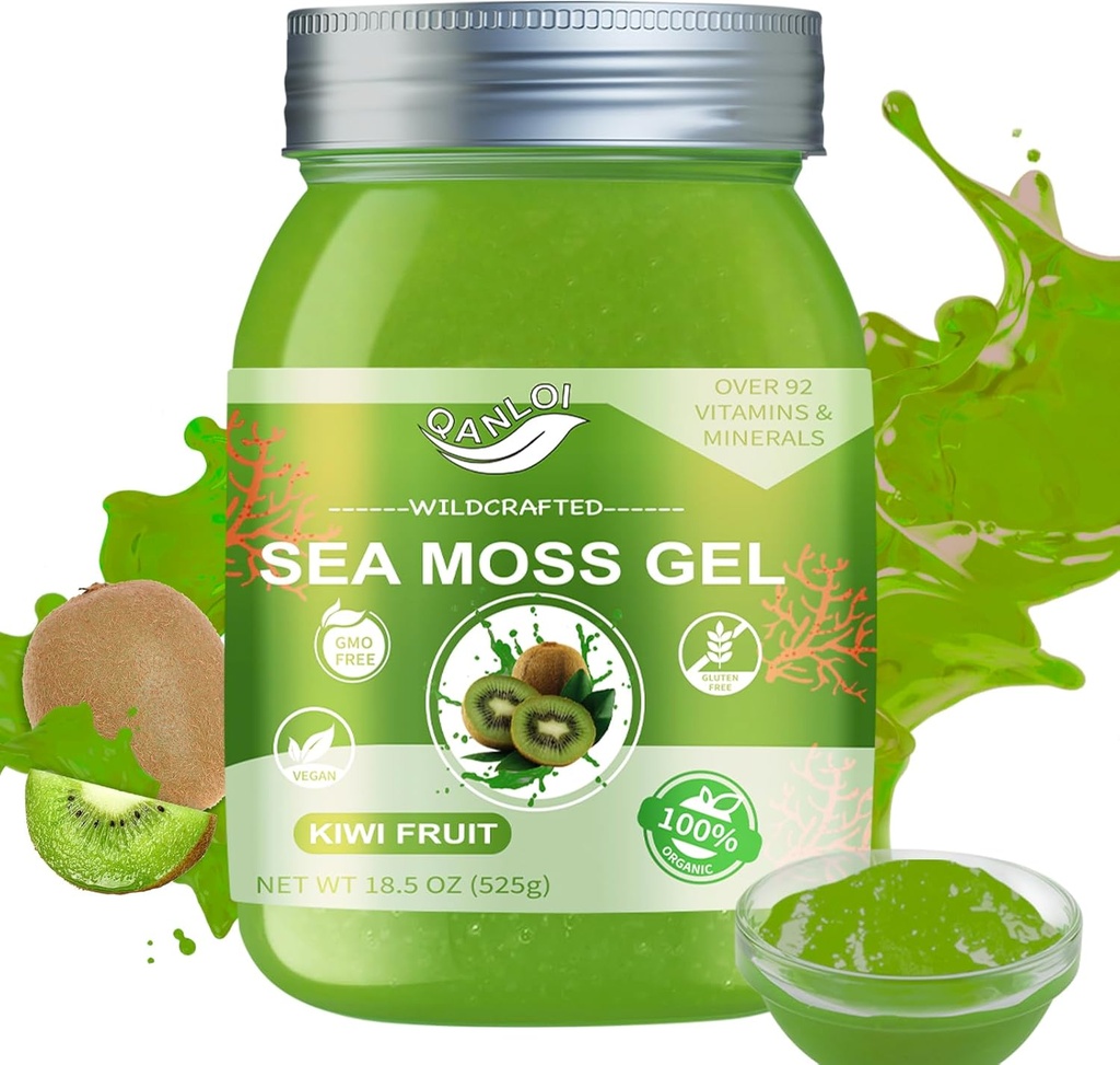 Organic Sea Moss Gel, 18,5 OZ Irish Seamoss Gel Made with Real Fresh Fruit, Gluten-free & Vegan Friendly & Non-GMO Superfood with All Natural Essential Vitamins, Minerals (Kiwi Fruit)