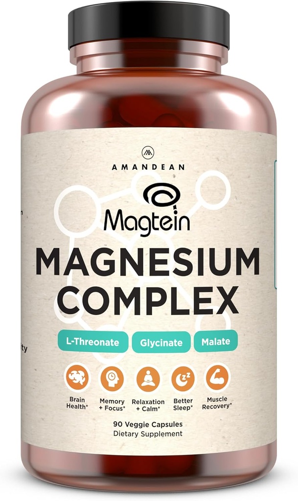 AMANDEAN Magtein Magnezyum Kompleksi. L-Threonate, Glycinate, Malate Triple Meeting Chelated Magnezyum Supplement. 90 Veggie Capsules. Yüksek Aborpsiyon Markalı Malzemeler. Beyin Sağlığı, Uyku, Calm*.