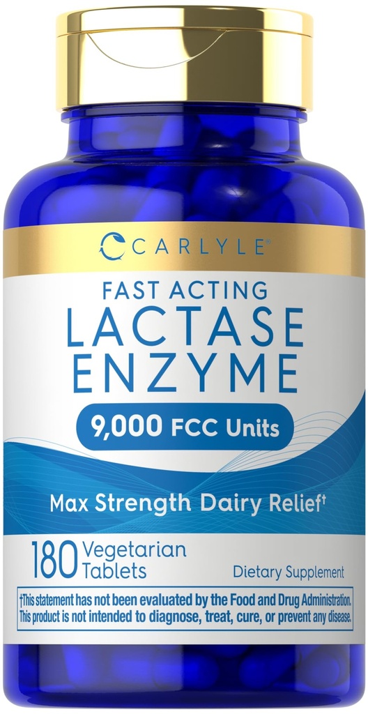 Carlyle Lactase Enzyme Pills 9000COM | 180 Tablet | Hızlı Süt Yardımı Tamam | Max Strength Support | Non-GMO, Gluten Ücretsiz