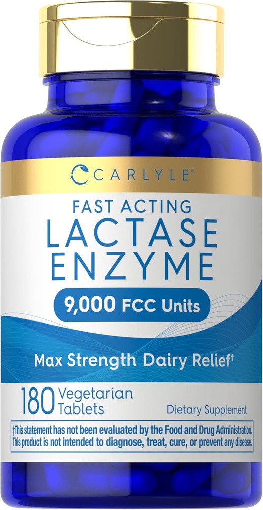 Carlyle Lactase Enzyme Pills 9000COM | 180 Tablet | Hızlı Süt Yardımı Tamam | Max Strength Support | Non-GMO, Gluten Ücretsiz