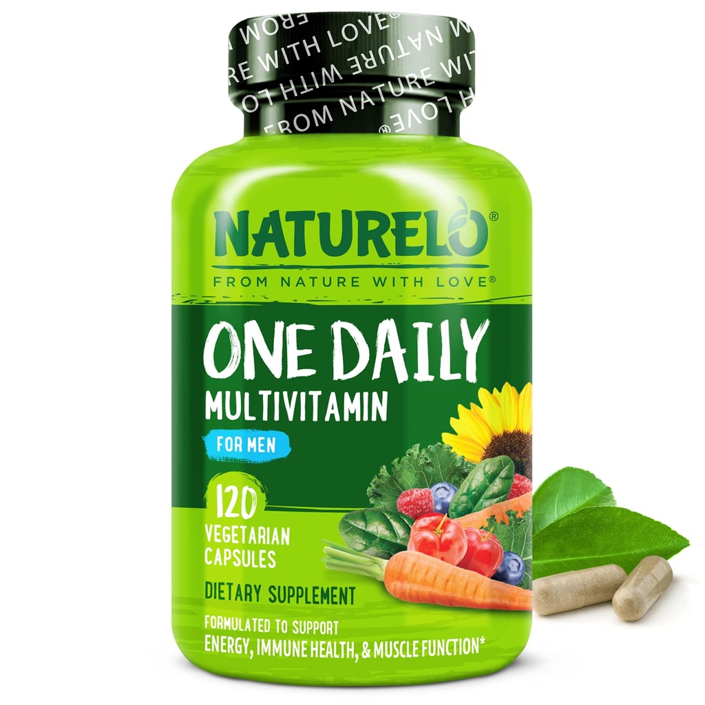 NATURELO Mens Multivitamins - Μία καθημερινή πολυβιταμίνη για άνδρες με βιταμίνες, ορυκτά & οργανικά ολόκληρα τρόφιμα, Boost Energy & Health, Non-GMO, 120 κάψουλες χορτοφάγων