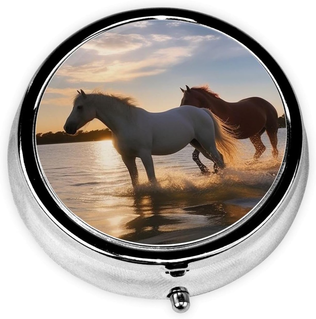Sunsets Lake Horses Print Round Pill Box 3 Karşılaştırmalı Tıp Pill Case Portable Pill Konteyner for Daily Medicine Supplement Vitamin Vitamin Vitamin