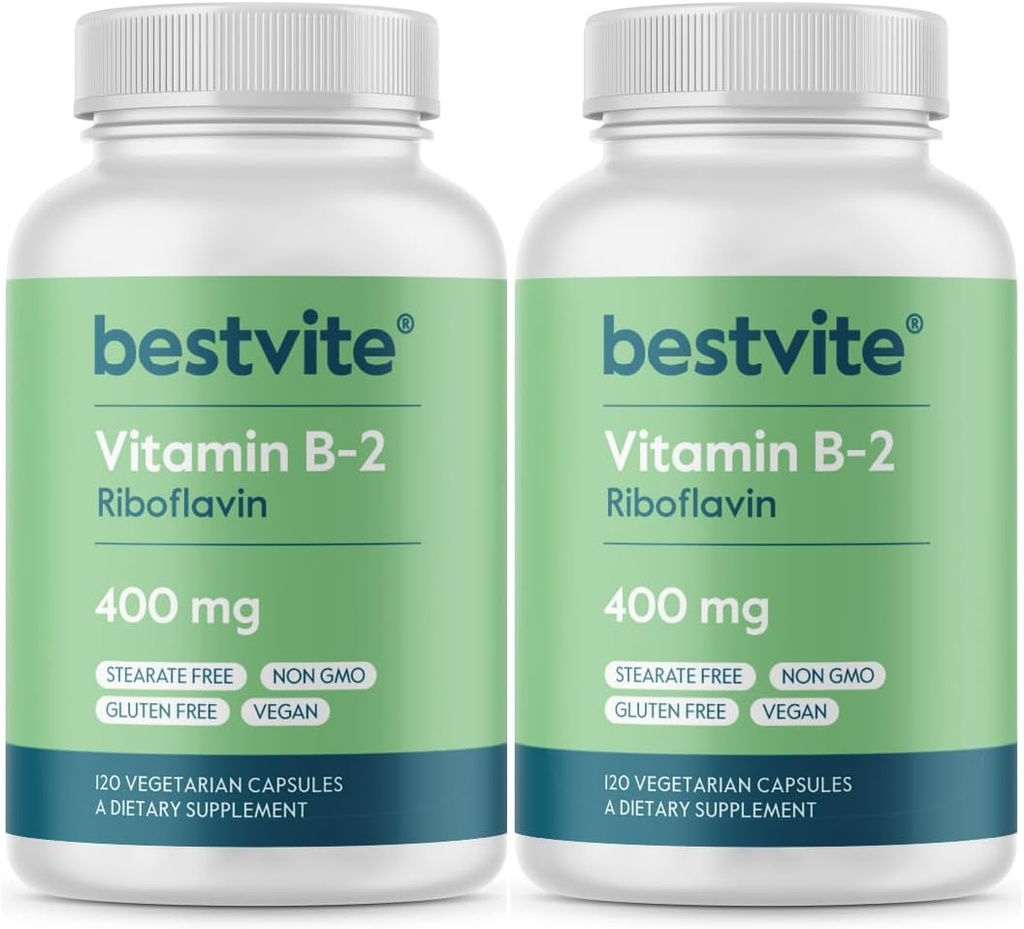 BESTVITE Vitamin B-2 (Riboflavin) 400 mg (240 Vegetarian Capsules) (120 x 2) - Stearates - Vegan - GMO - Gluten Free