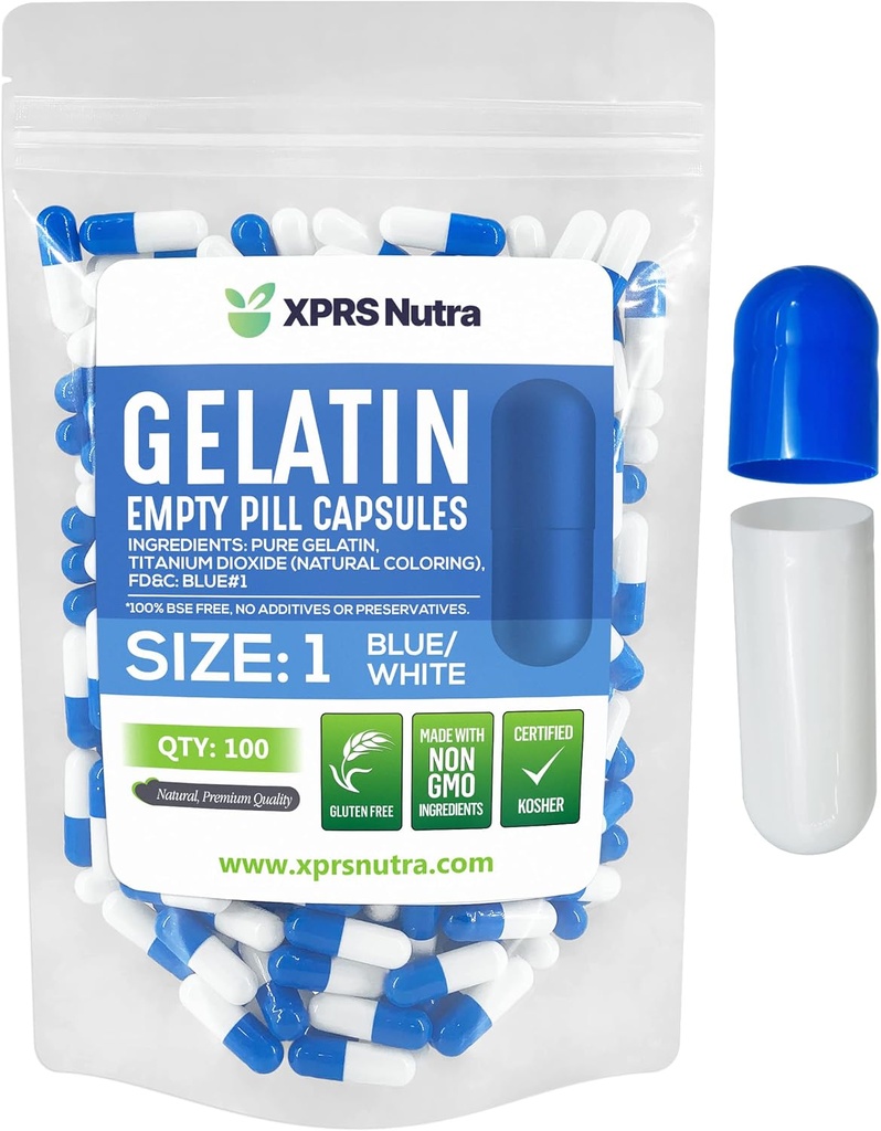 XPRS Nutra Boyutu 1 Boş Kapsüller - 100 Kont Boş Gelatin Capsules - Pill DIY Capsule - Pure Bovine Pill Gel Caps For Do-It- Yourself Supplements (Mavi/Beyaz)
