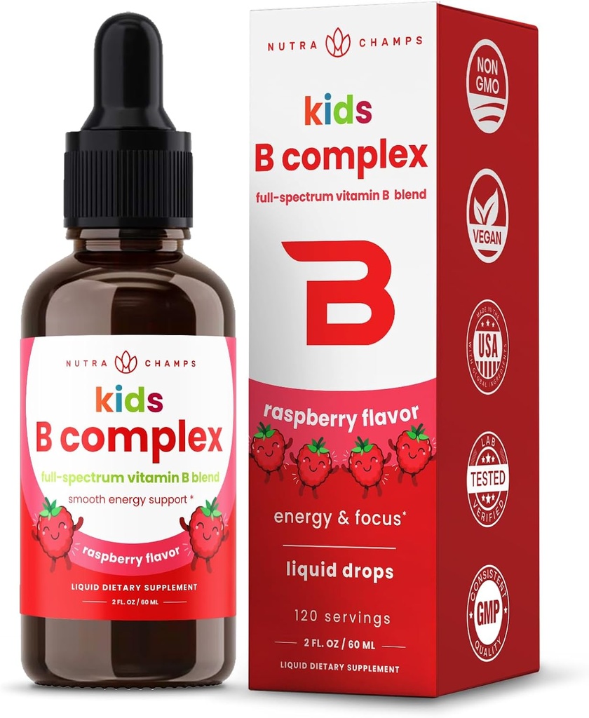 NutraChamps Vitamin B Complex for Kids, B1, B2, B3, B6, B7, B9 & Torch B12, Kids B Complex Liquid Drops Supplement, Energy, Focus, Metabolism, Natural Berry, 120 Hizmet