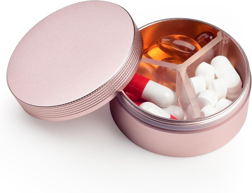 Küçük Pill Case 3 Karşılaştırma, Metal Round Portable Pill Box, Sualtı Seyahat Pill Organizer, Pocket Purse Tıp Vitamini EDC Konteyner (Rose Gold)
