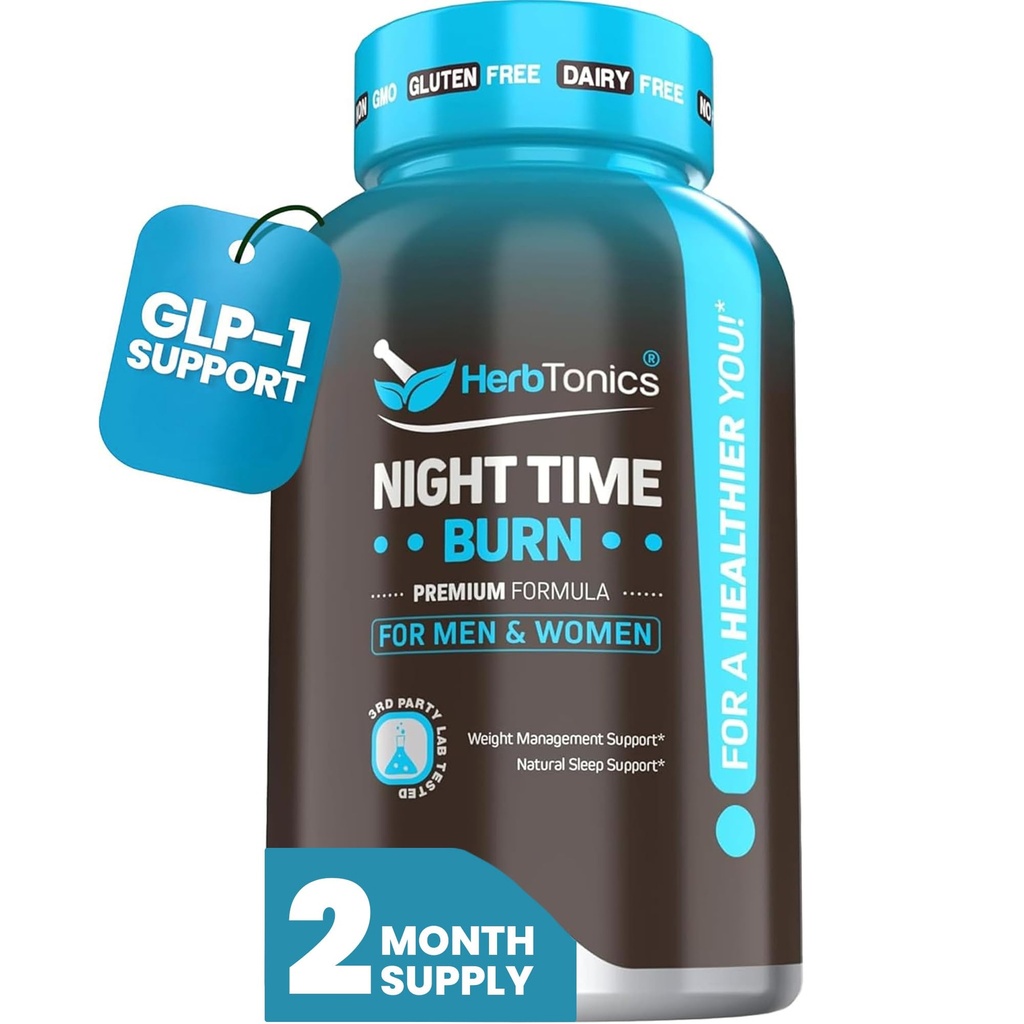 Herbtonics Night Time Burn & Sleep Complex Supports Overnight Metabolism, Stres Yardım ve Derin Uyku. Melatonin, Valerian ve Green Tea – Vegan Bedtime Kilo Yönetimi (60 Capsules)