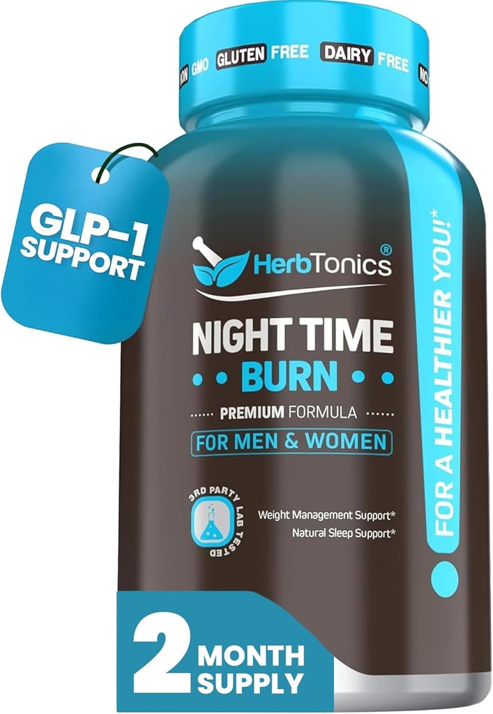 Herbtonics Night Time Burn & Sleep Complex Supports Overnight Metabolism, Stres Yardım ve Derin Uyku. Melatonin, Valerian ve Green Tea – Vegan Bedtime Kilo Yönetimi (60 Capsules)