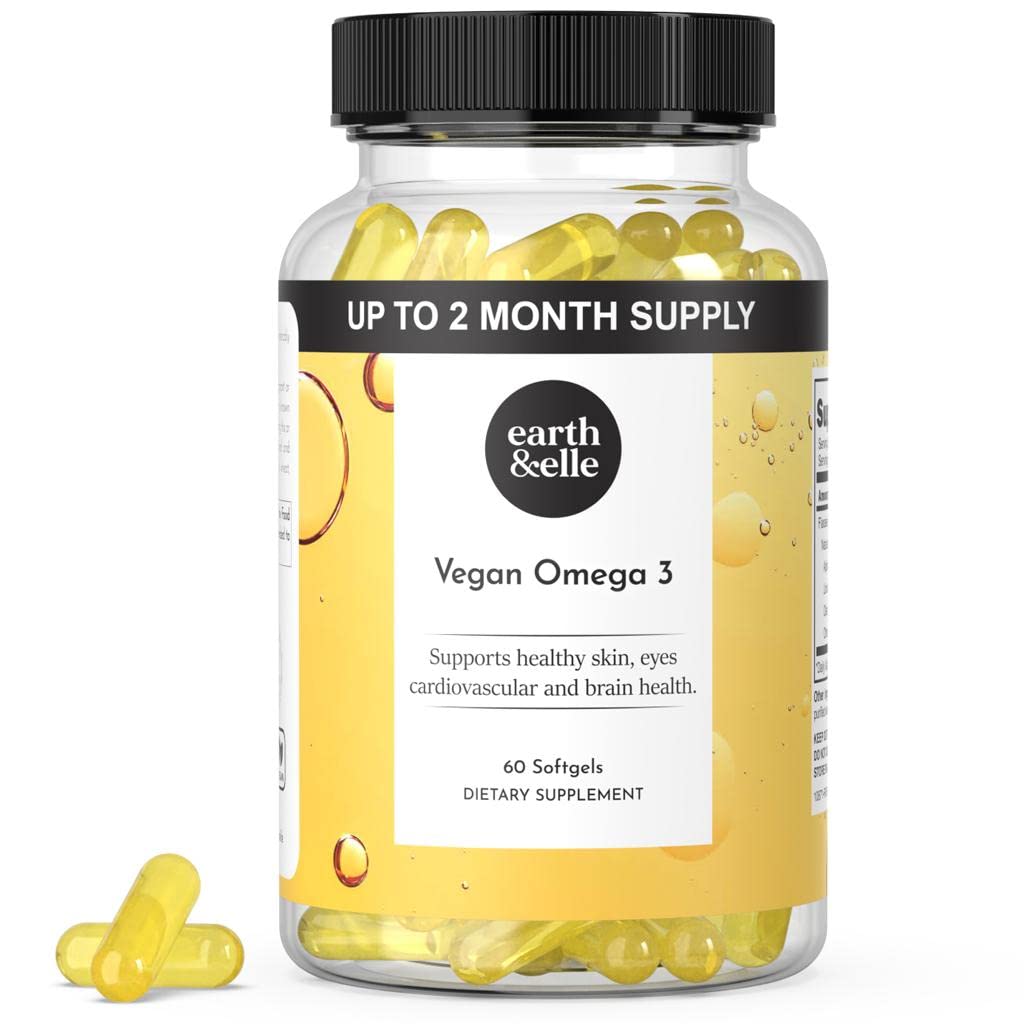 Dünya ve Elle Algae Omega 3 Supplement - Vegan Omega 3 - Omega 3 Vegan Tamam w/Algae Oil & Vegan DHA - Yardım Kalp ve Beyin Sağlığı 1000 mg Oda başına Yardım - Balıksız 60 Softgels